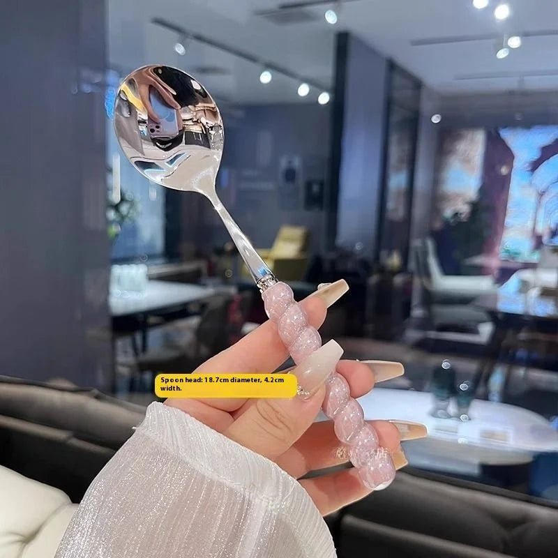 2026 New 304 Stainless Steel Spoon Girl Pearl Five-color Imitation Ceramic Handle Spoons Household Long Handled Dining Spoon Peaceful Pleasures Health and Wellness Purple