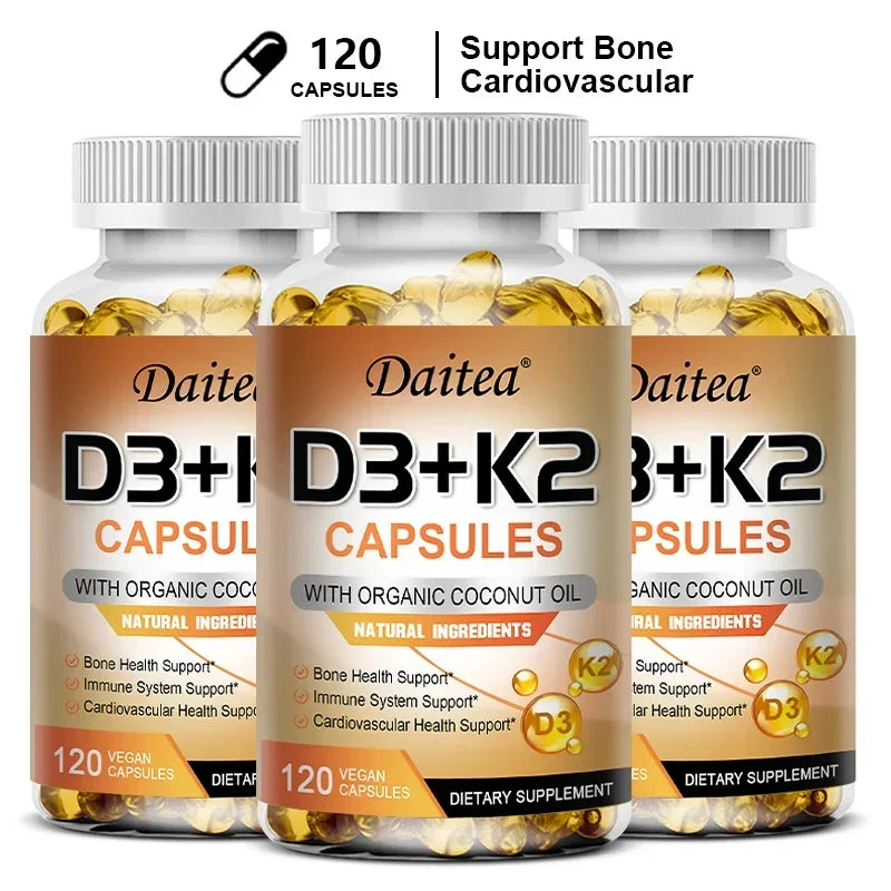 Vegan Vitamin D3 K2 Capsules - Organic Coconut Oil - Daily Supplement for a Healthy Immune System & Bones Gluten & Soy Free Peaceful Pleasures Health and Wellness 120 count-3bottle