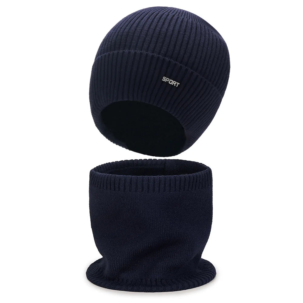 Winter New Solid Color Men's And Women's Knitted Hats+Ear Protection Scarf Set Warm Hat Scarf,Outdoor Warm Hat Warm Peaceful Pleasures Health and Wellness Dark Blue Set One Size