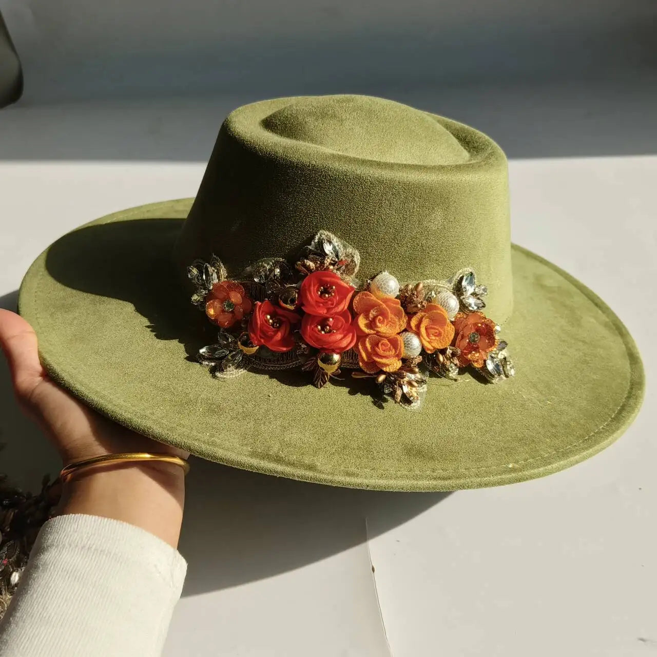 Vegan Suede Fedora Hat | Rhinestone Wide Brim Pork Pie