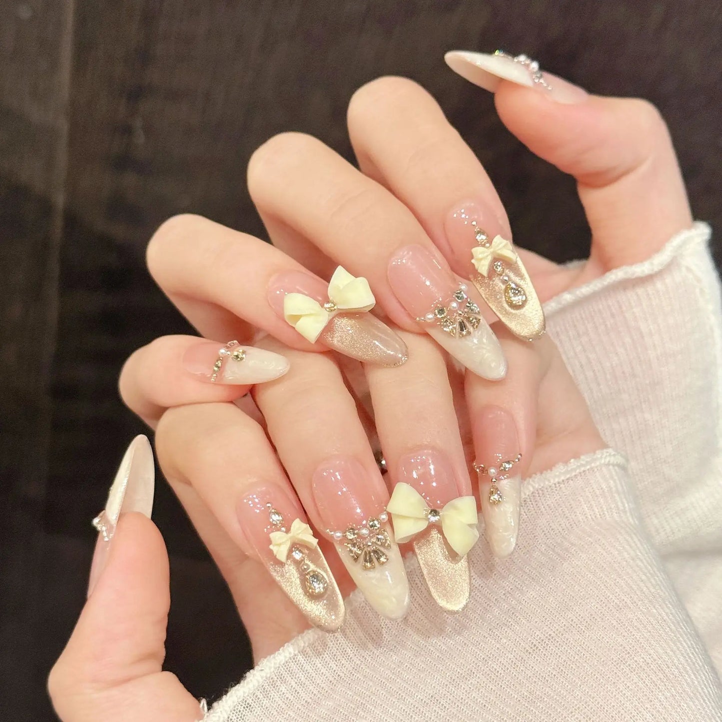 10pcs Handmade Cat's Eye Nail Art Press on Nails 3D Bow Light Luxury False Nails Wearable Pink Gentle French Fake Nails Decor Peaceful Pleasures Health and Wellness S