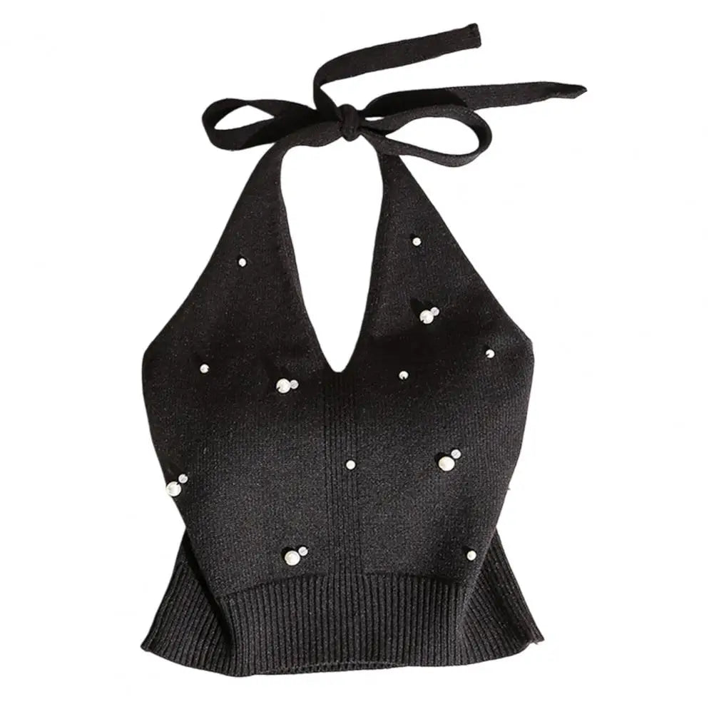 Pearl Beaded Halter Crop Top | Spaghetti Strap Cami for Women