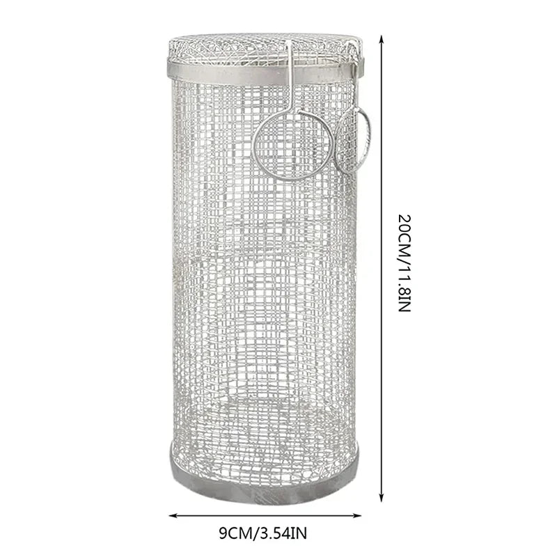 BBQ Basket Stainless Steel Rolling Grilling Basket Cylinder Grill Basket Portable Round Outdoor Camping Barbecue Rack with Lid Peaceful Pleasures Health and Wellness 20x9x9cm