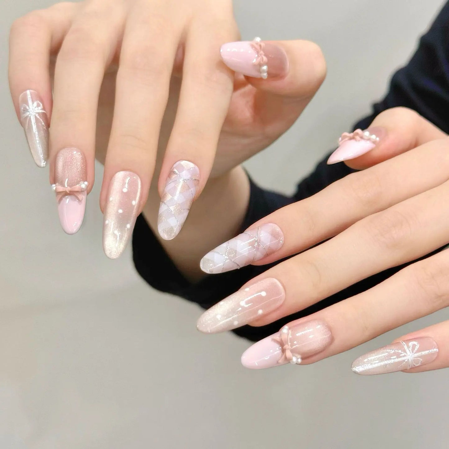 10pcs Handmade Press on Nails Sweet 3D Bow Decor Cat's Eye Fake Nail Tips Wearable Detachable Ins Plaid Pink French False Nails Peaceful Pleasures Health and Wellness XS 1