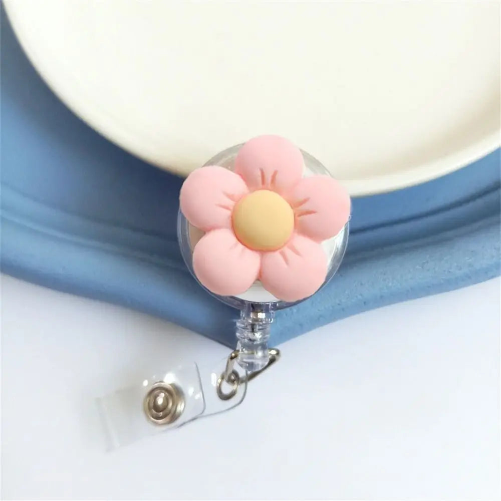 Retractable Nurse Badge Reel Cartoon Flora Chest Card Flower Badge Holder ID Card Work Card Easy Pull Buckle Peaceful Pleasures Health and Wellness Pink