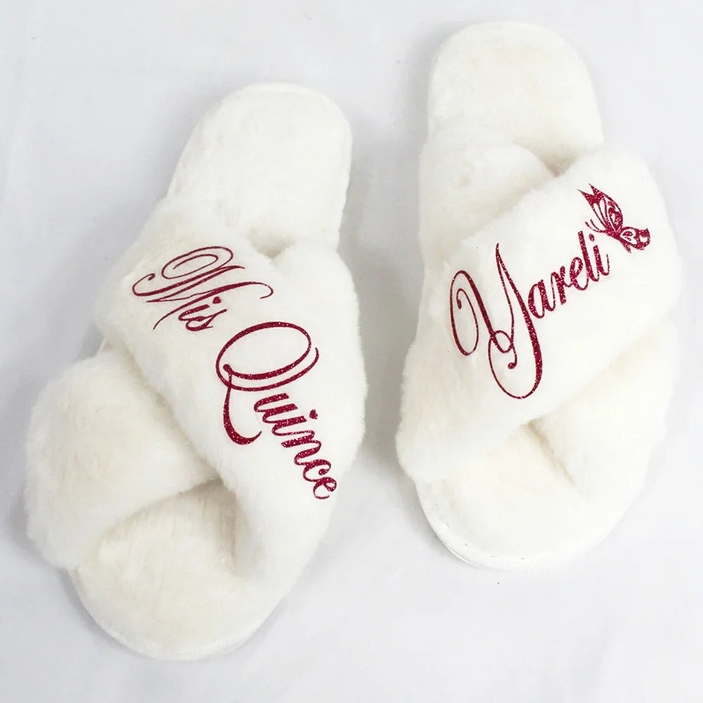Custom Mis Quince Fluffy Slippers – Quinceañera Birthday Gift