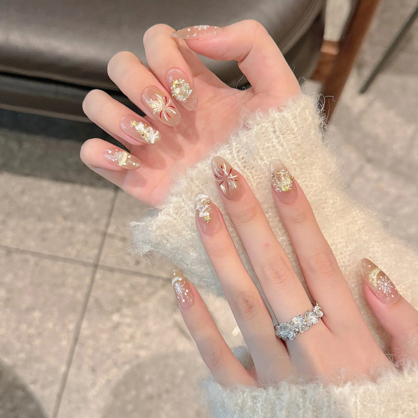 Handmade Christmas Press-On Nails | Snowflake Fireworks Design