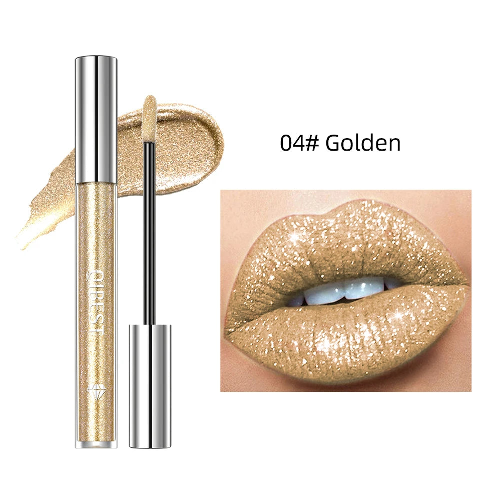 QIBEST Diamond Liquid Lipstick Lip Tint 6 Colors Moisturizing Long-Lasting Makeup Gray Sparkling Waterproof Lip Gloss Cosmetics Peaceful Pleasures Health and Wellness 04 Golen