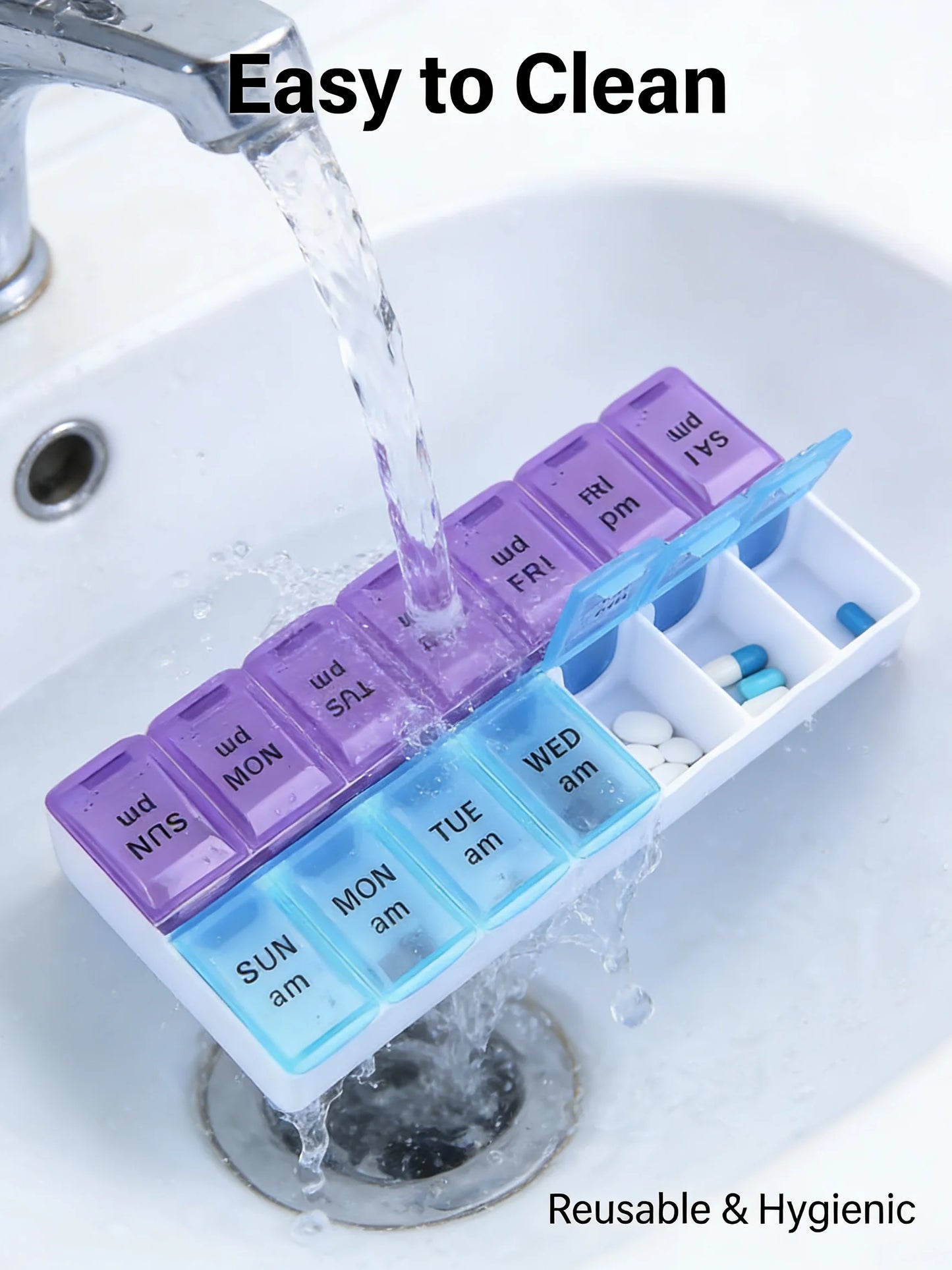 Purple and blue pill organizer being rinsed under running water in a sink.