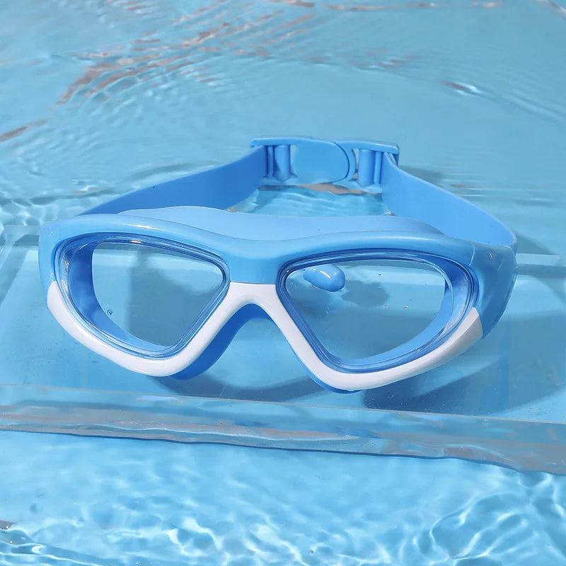 High-definition Children's Waterproof and Anti Fog Swimming Large Frame Glasses Convenient Goggles Silicone Connected Earplugs Peaceful Pleasures Health and Wellness blue Boxed