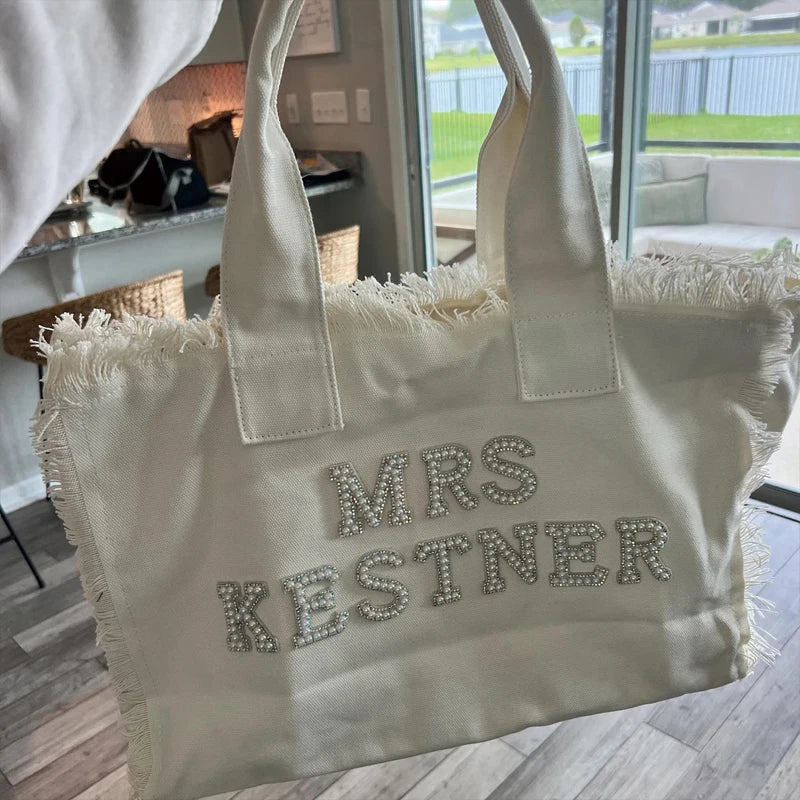 Personalized Mrs Fringe Tote Bag with Pearls | Bridal Gift
