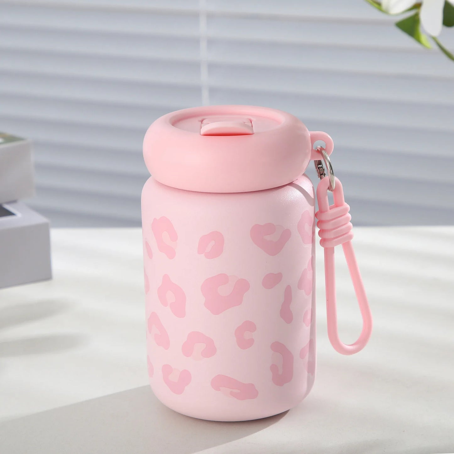 350ml Dopamine Leopard Print Insulated Cup 304 Stainless Steel Mini Straw Portable Car Coffee Cup with Drawstring Water Cup Peaceful Pleasures Health and Wellness 350ml Pink