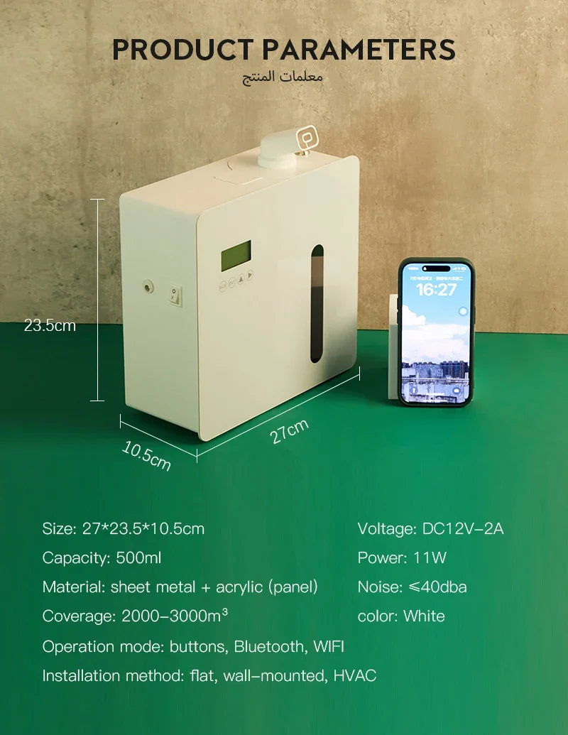 Product parameters of a device with dimensions and features listed on a green and brown background.