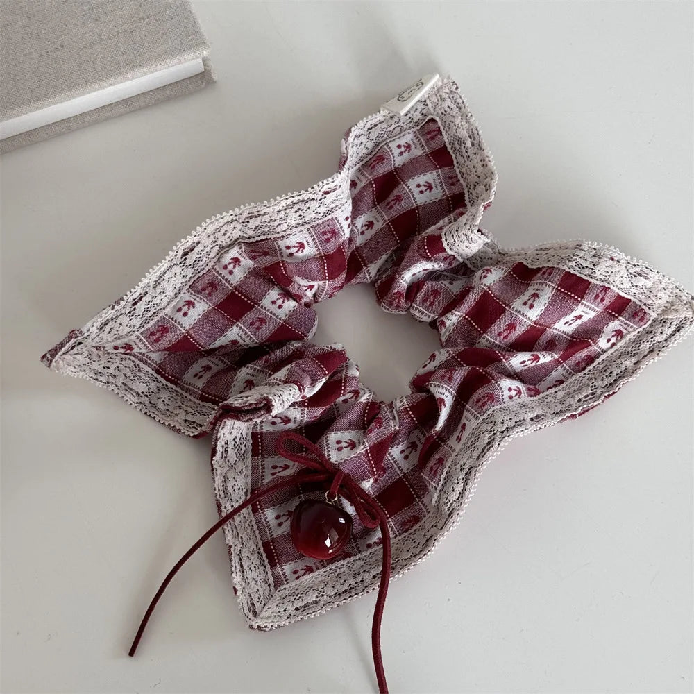 New Red Plaid Cherry Scrunchie Korean Windmill Hair Ring Cute Cherry Square Scarf Design Sweet Hair Accessories for Daily Outfit Peaceful Pleasures Health and Wellness 1