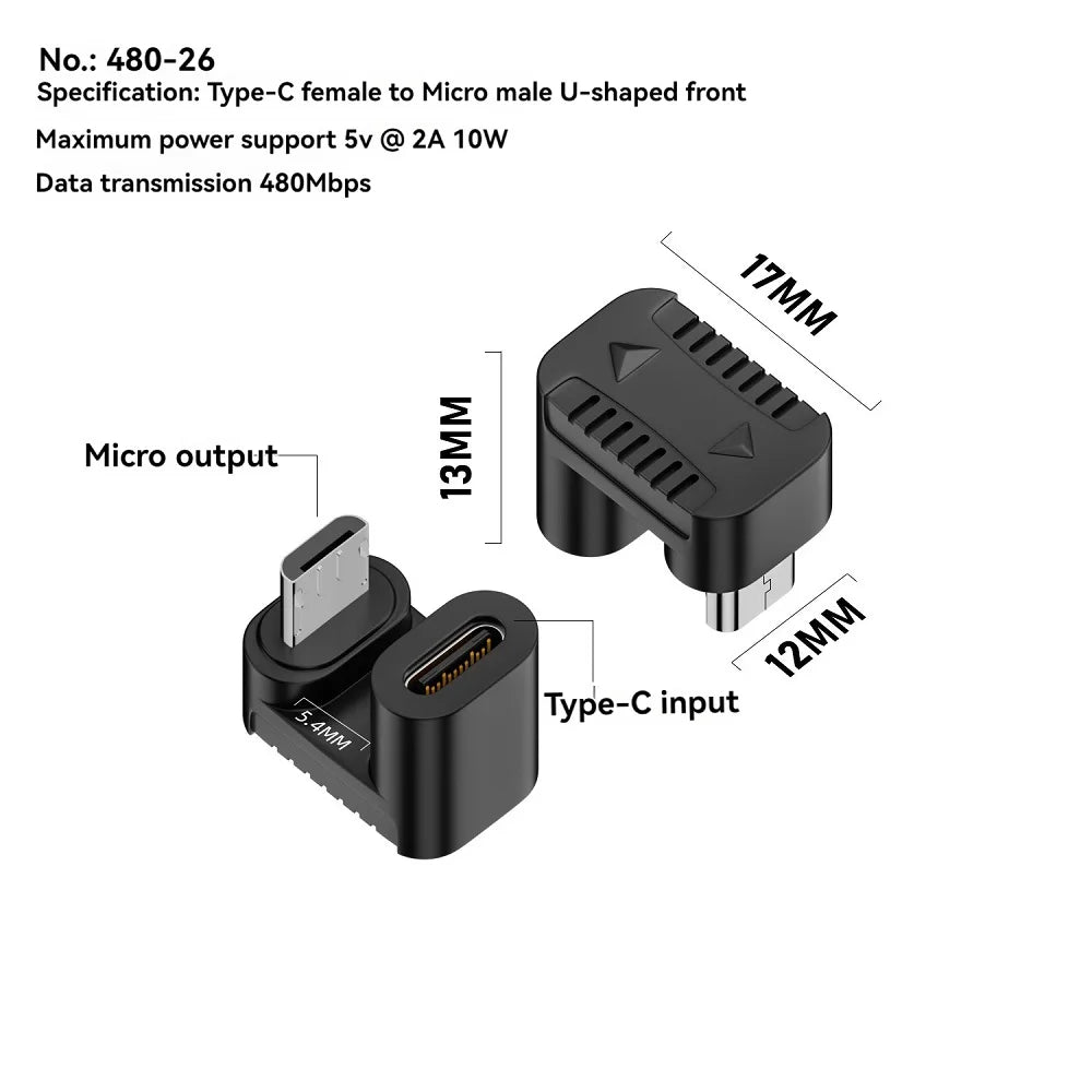 90° USB-C to Micro USB Adapter | 10W Fast Charging, 480Mbps Peaceful Pleasures Health and Wellness U-shaped Front