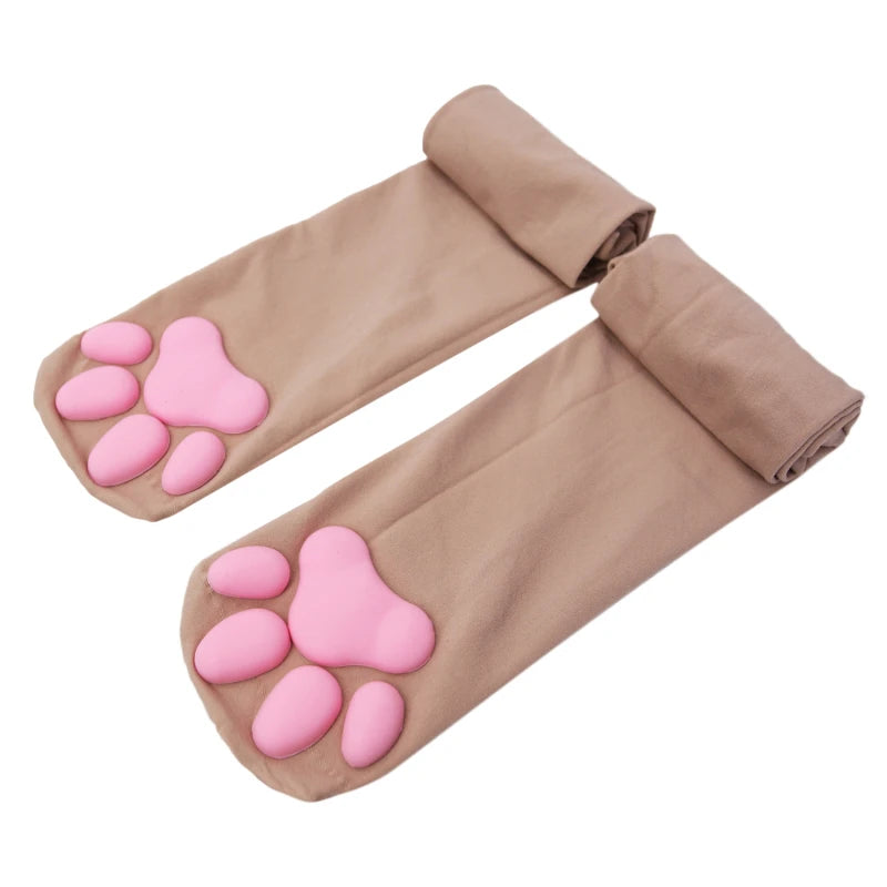 Women's Cute Cat Paw Stockings Girls Kawaii 3D Cat Claw Toe Beanies Gift Lolita PawPads Cosplay Cats Paw Pad Thigh High Socks Peaceful Pleasures Health and Wellness Beige One Size