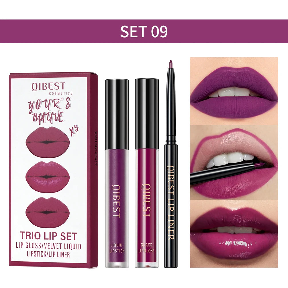 QIBEST Hots 3pcs Liquid Lipstick And Lip Liner Makeup Sets Nude Velvet Lip Gloss Lip Tint Lasting Black Lip Glaze Cosmetics Kits Peaceful Pleasures Health and Wellness SET 09