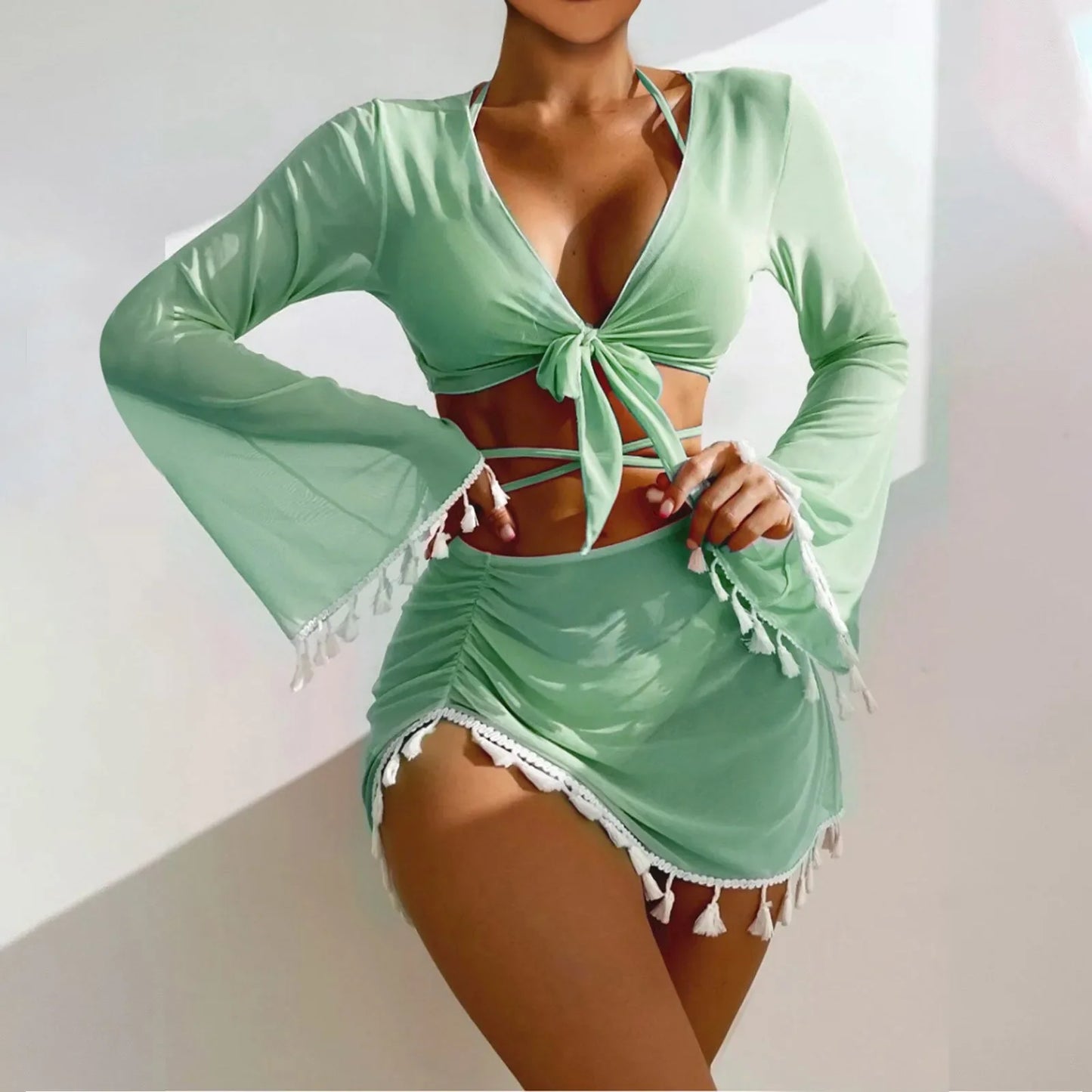 Women's 4-Piece High Waist Bikini Set with Cover-Up Skirt