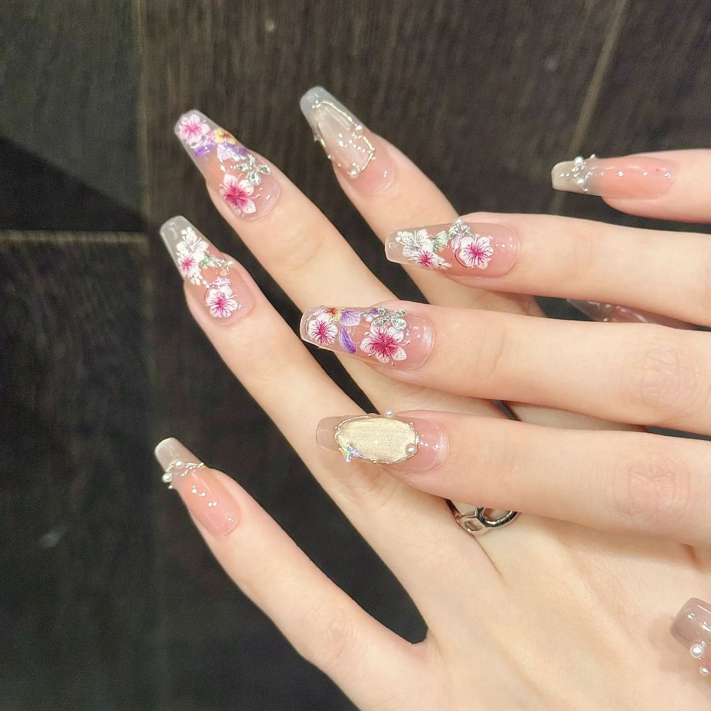 Handmade Cat Eye Press On Nails | Floral Korean Pink 10pcs