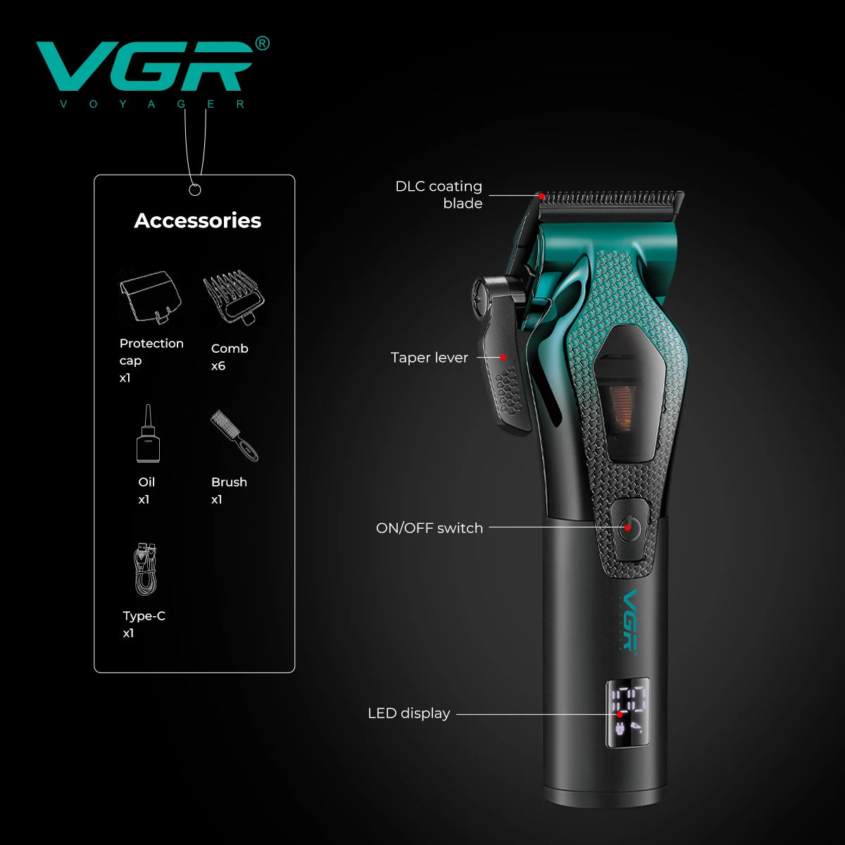 VGR high-end customized electric hair clipper gradient metal shell electric push shear intelligent control hair trimmer V-271 Peaceful Pleasures Health and Wellness