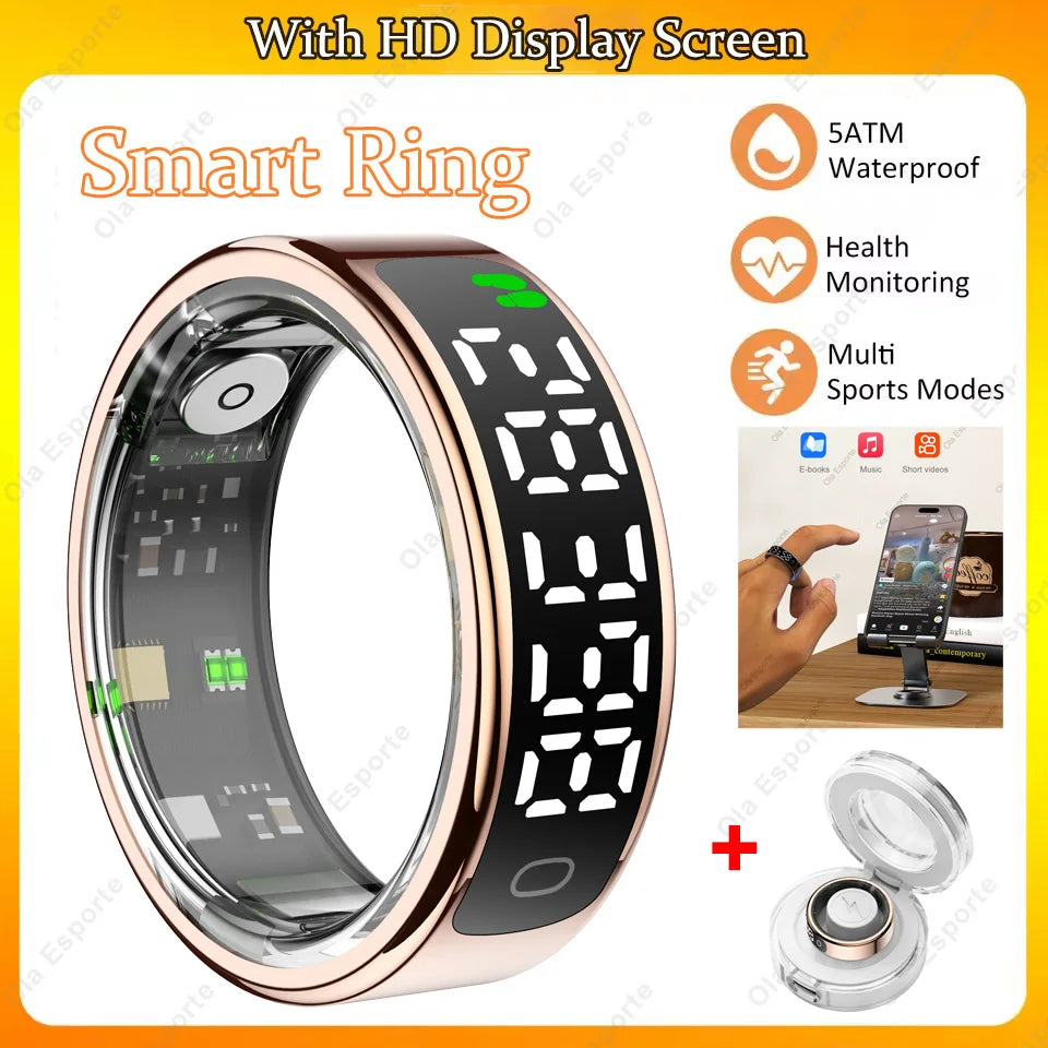 Smart Ring with Display Screen and Touch Heart Rate Blood Oxygen Sleep Health Monitoring Sports Count steps Waterproof Smartring Peaceful Pleasures Health and Wellness RoseGold 12