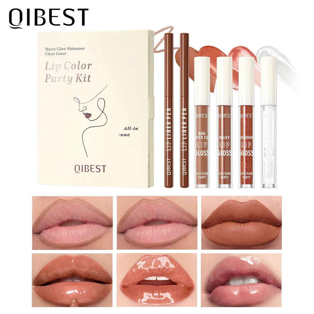 QIBEST 6 PCS Lip Color Makeup Sets Include 2*Lipliner,1 Matte Liquid Lipstick,2 Mirror Lip Glaze And 1 Transparent Lip Oil Balm Peaceful Pleasures Health and Wellness 04