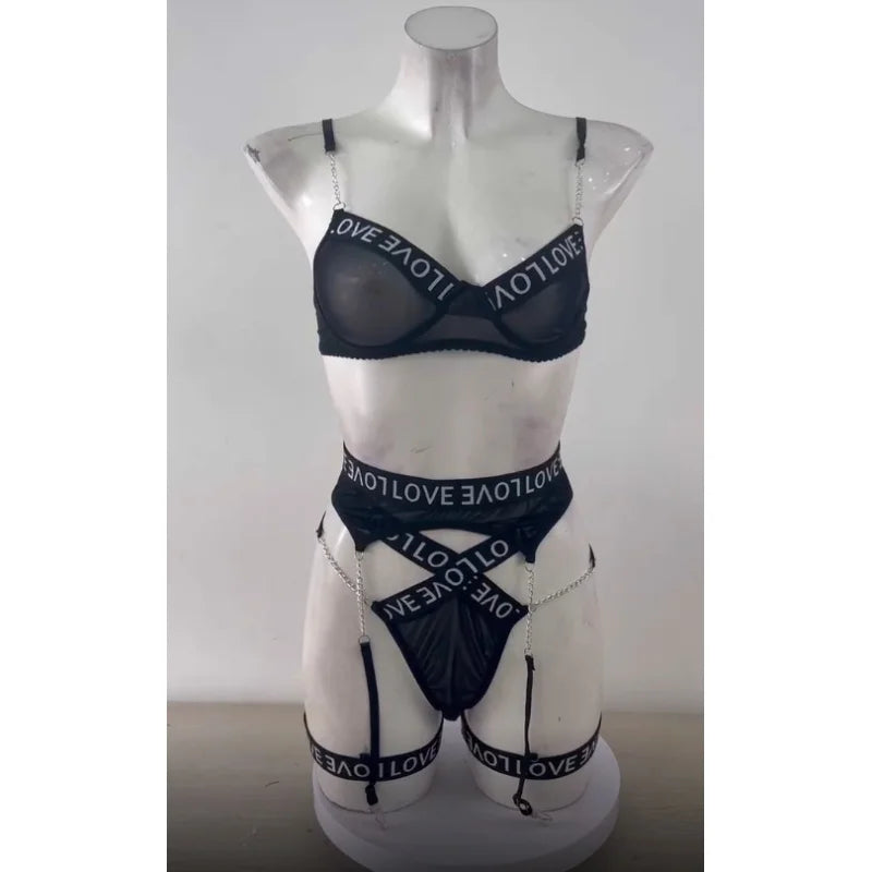 Women's 3-Piece Mesh Letter Print Lingerie Set | Underwear