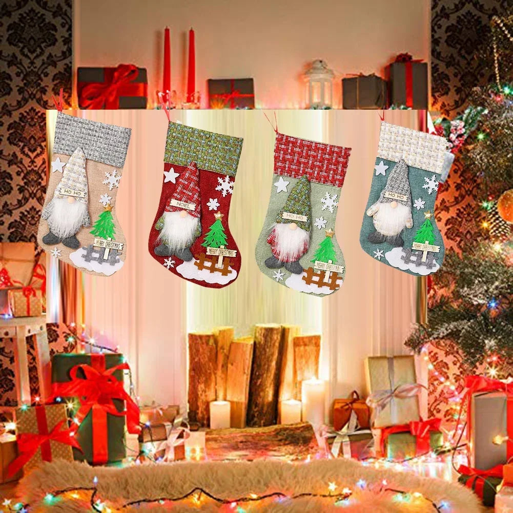 4-Pack 3D Gnome Plush Christmas Stockings | Festive Holiday Decor