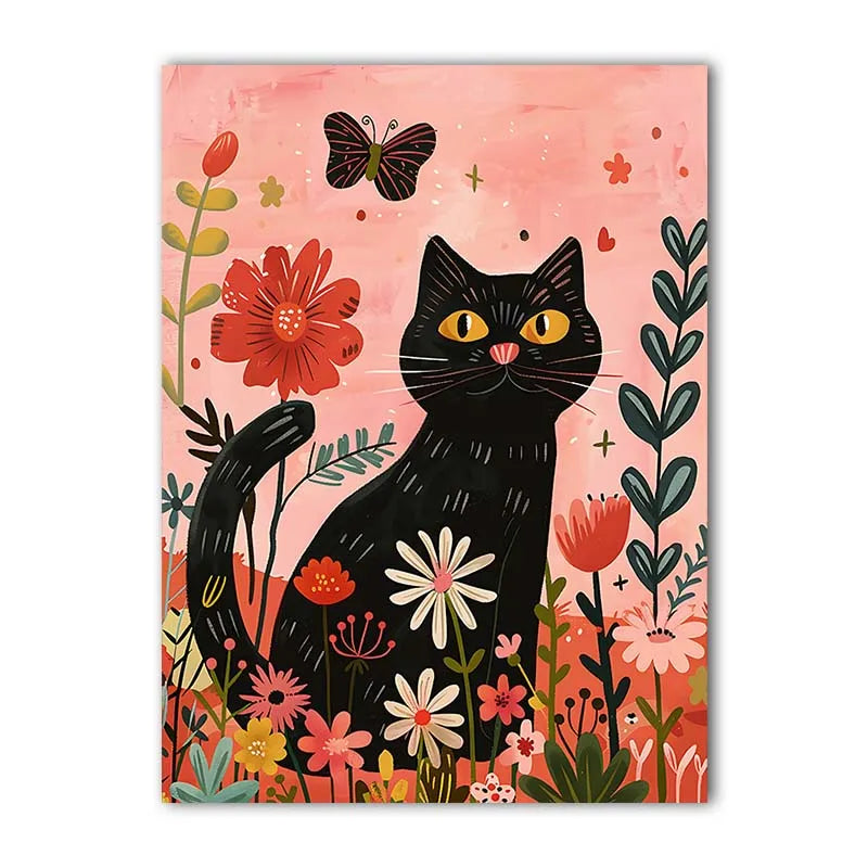 Nordic Wall Art Cute Black Cat Playing with Flowers Canvas Painting Modern Style Poster Prints Bedroom Living Room Wall Decor Peaceful Pleasures Health and Wellness 04 20x25cm No Frame China Mainland