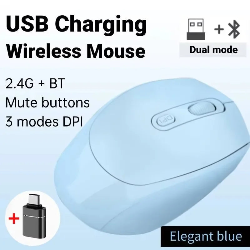 Wireless Mouse Rechargeable Gamer Mouse Dual Modes Bluetooth-compatible 2.4G USB Mute Mice For Laptop Pad Tablet Macbook Mause Peaceful Pleasures Health and Wellness Blue with OTG