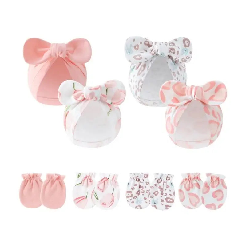Baby Cotton Bonnet Hat & Scratch Mittens 4-Set | 0–6 Months Baby Hat & Mittens Set Peaceful Pleasures Health and Wellness SETB China Mainland