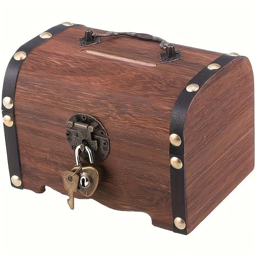 Vintage Wooden Piggy Bank with Lock, Retro Treasure Chest Coin Saving Box for Kids, Home Decor Money Storage Organizer Peaceful Pleasures Health and Wellness