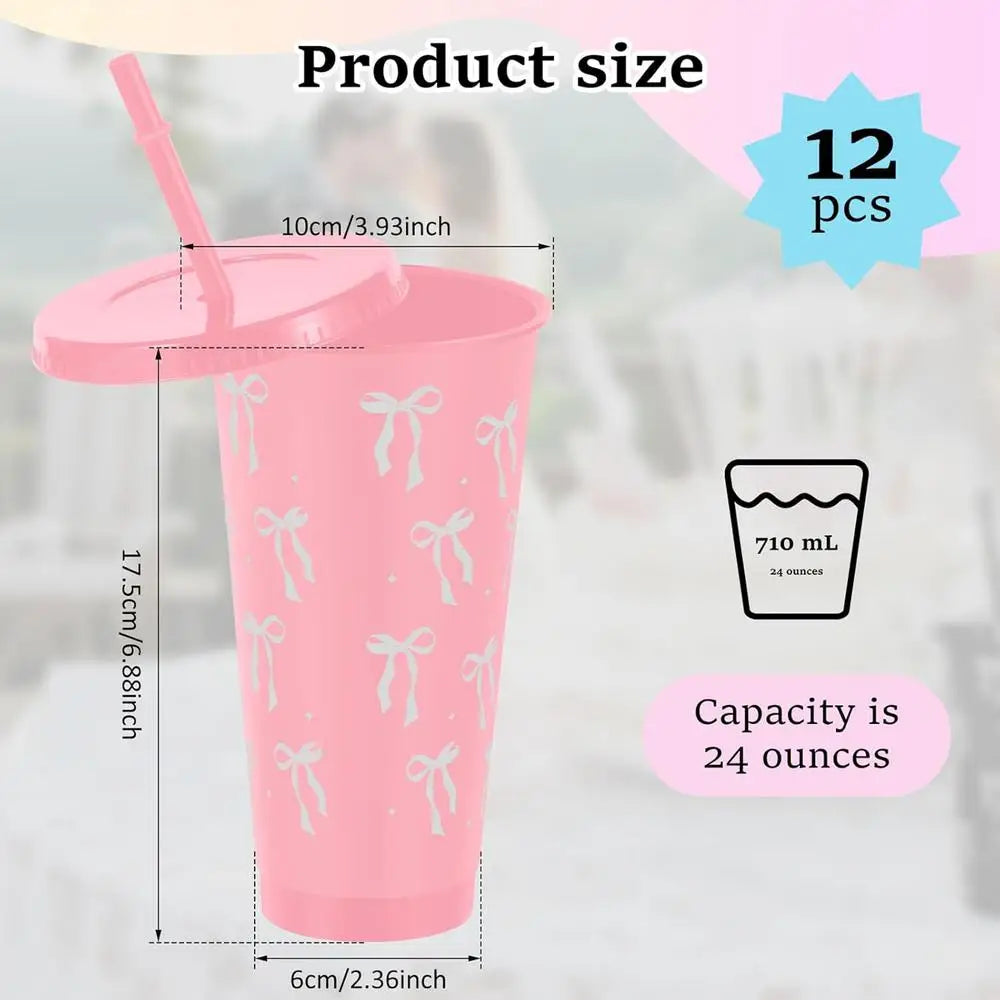 12-Pack Reusable Bow Tumbler Cups with Straw & Lid | 24oz