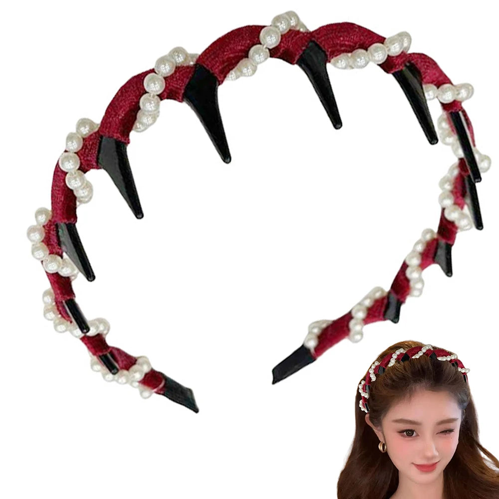 Velvet pearl hairband with black spikes and red fabric for women