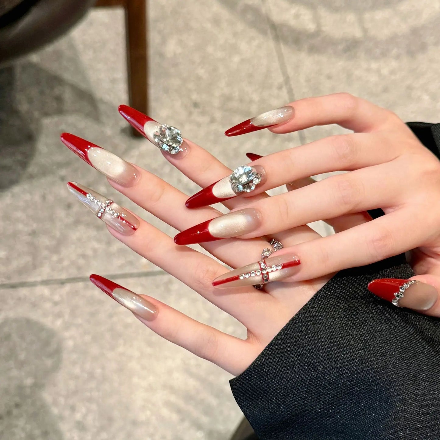 Handmade Press on Nails Long Oval Red French Fake Nails for Women Girl Wearable Large Heart Diamond Design New Year False Nails Peaceful Pleasures Health and Wellness L 1
