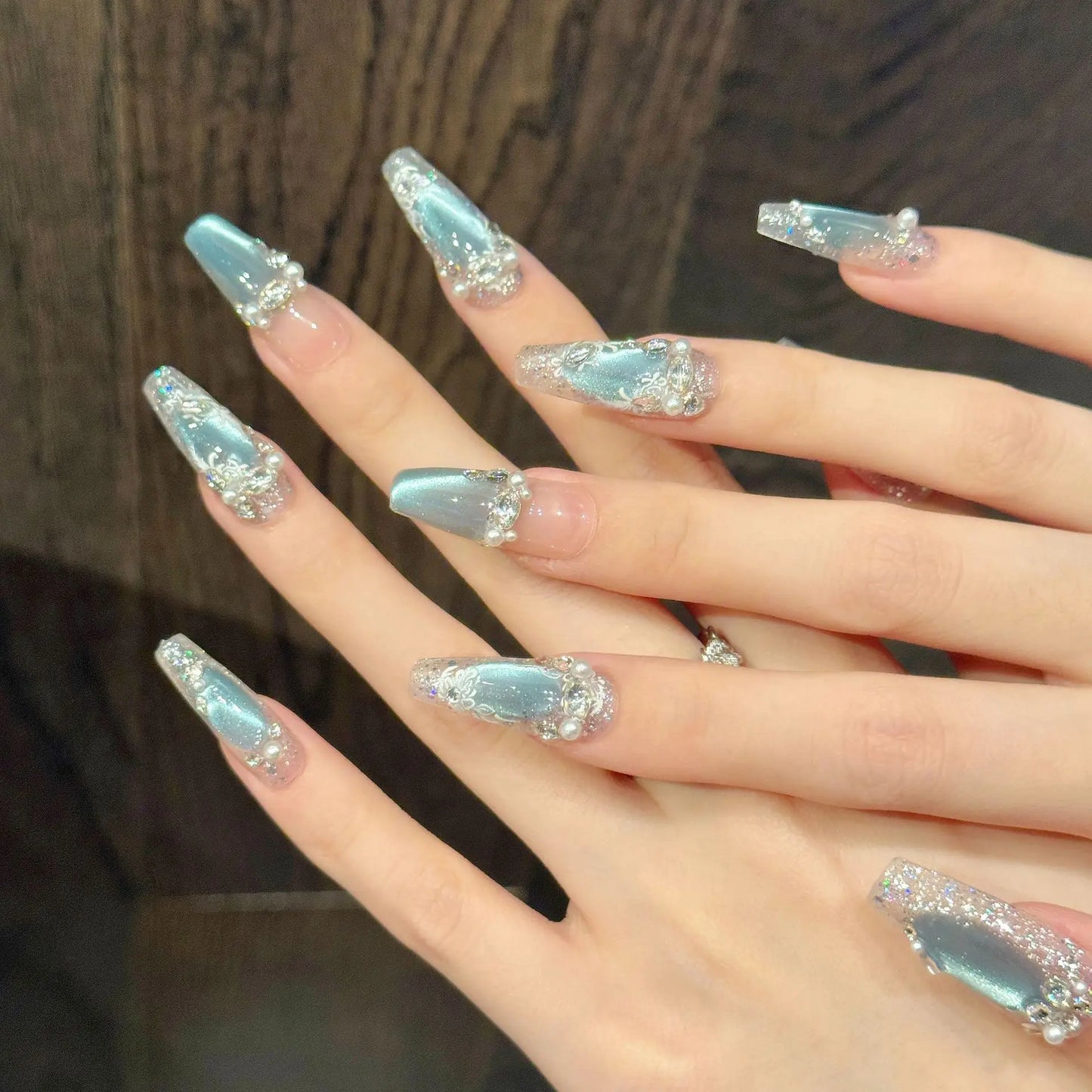 Ice Blue Cat Eye Press On Nails | Pearl Glitter False Nail Tips
