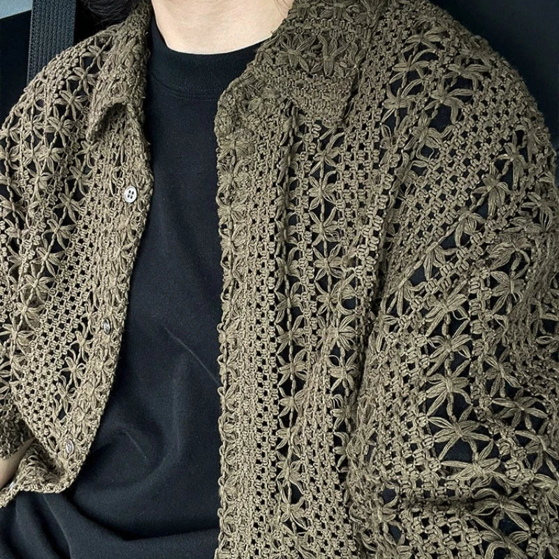 Men's Green Openwork Knit Shirt | Retro Short-Sleeve Summer Top