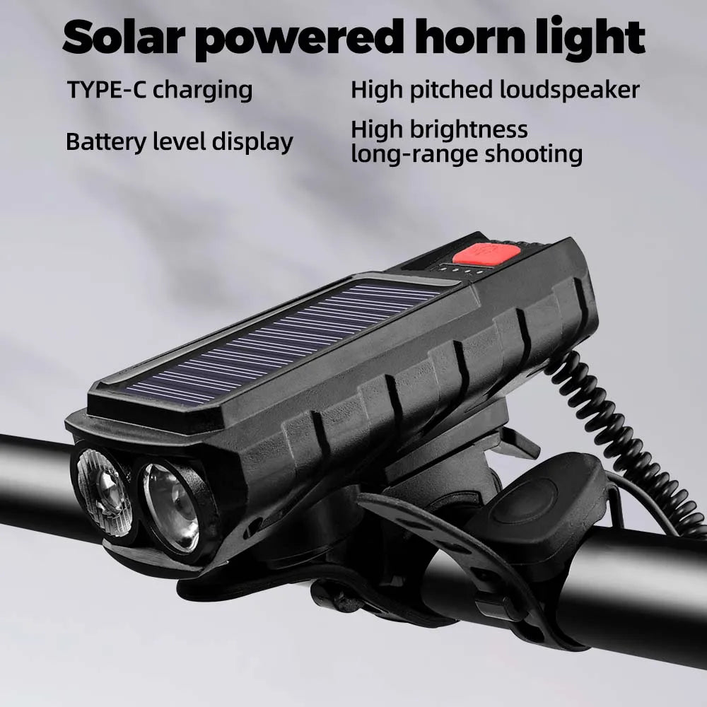Solar USB-C Bike Front Light 300LM & 120dB Horn | MTB & Road