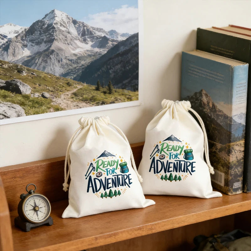 5pcs Ready for Adventure Cotton Favor Bags Family Vacation Mountain Camping Destinations Wedding Bachelorette Party Accessories Peaceful Pleasures Health and Wellness