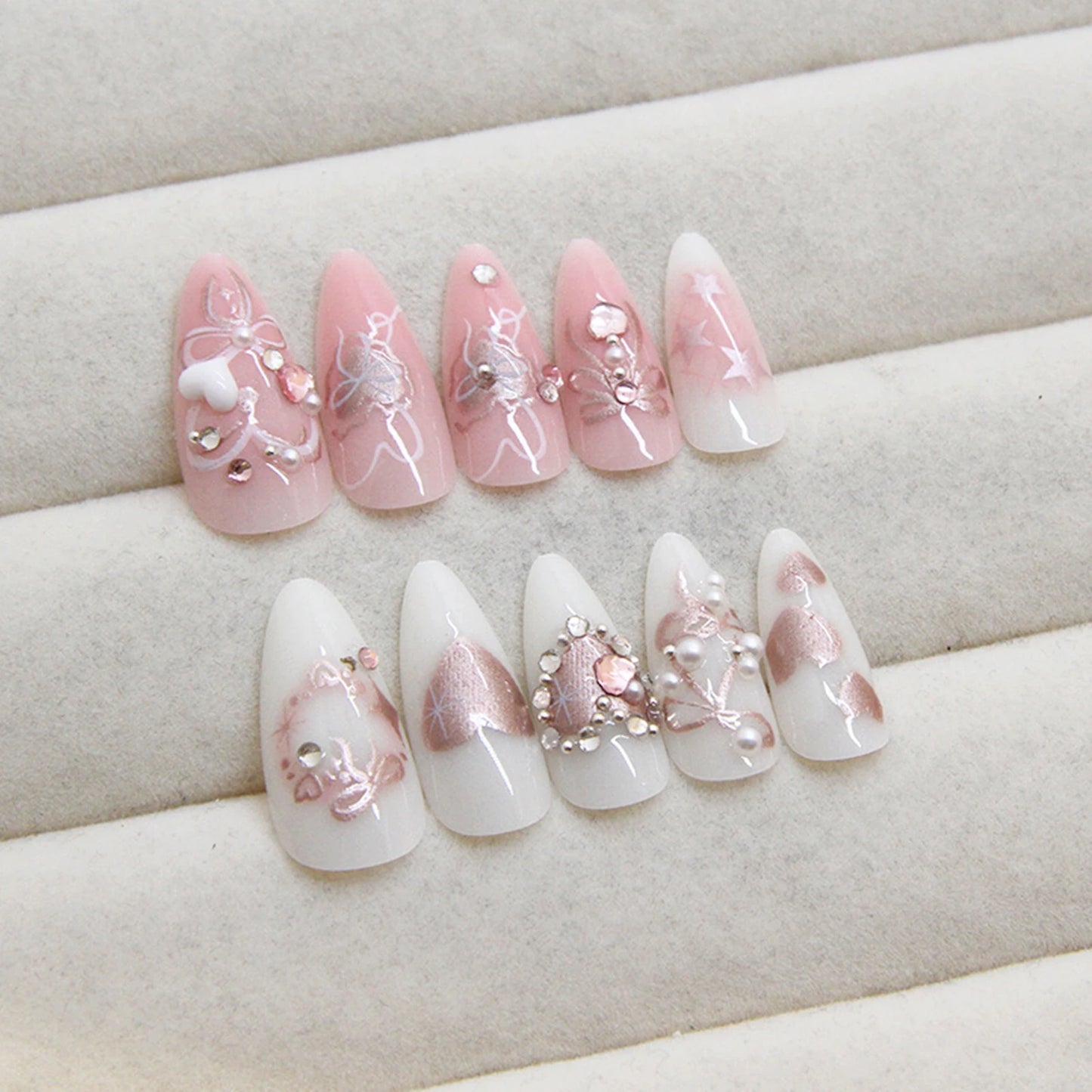 24pcs Ins Pink French Fake Nails 3D Sweet Bow Decor Press on Nails Full Cover Y2k Diamond Star Almond Head False Nail Patches Peaceful Pleasures Health and Wellness 1