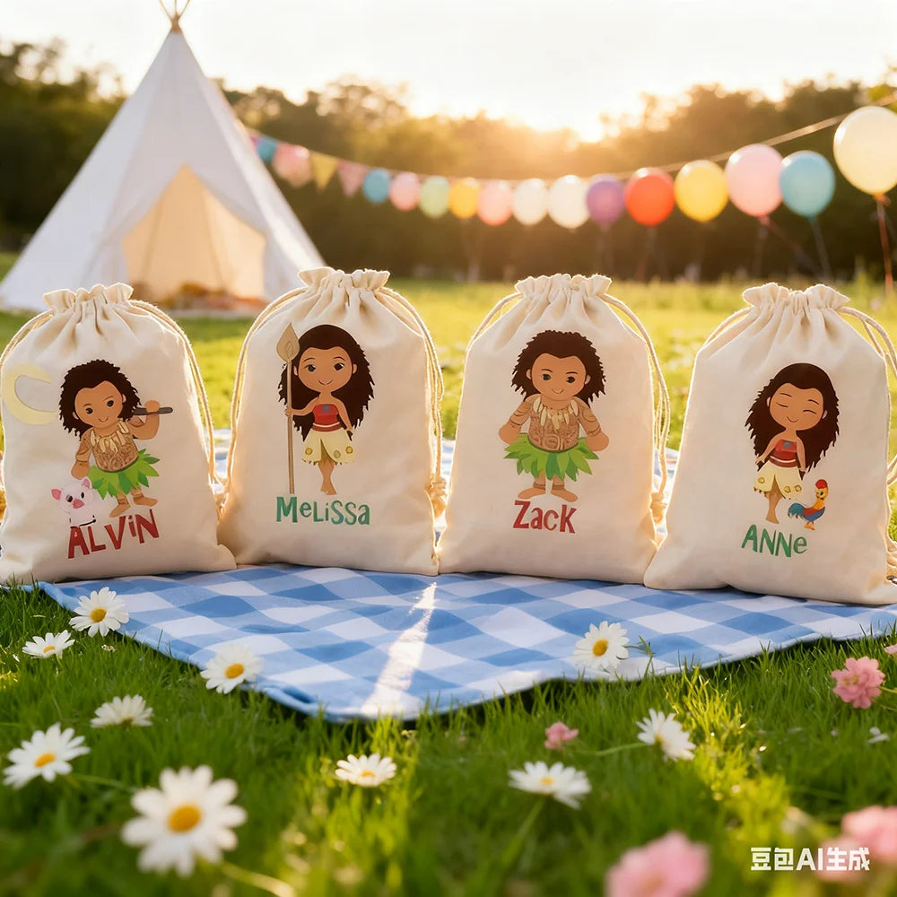 Custom Moana Party Favor Bags 4-Pack | Drawstring Goodie Bags Party Favor Bags Peaceful Pleasures Health and Wellness