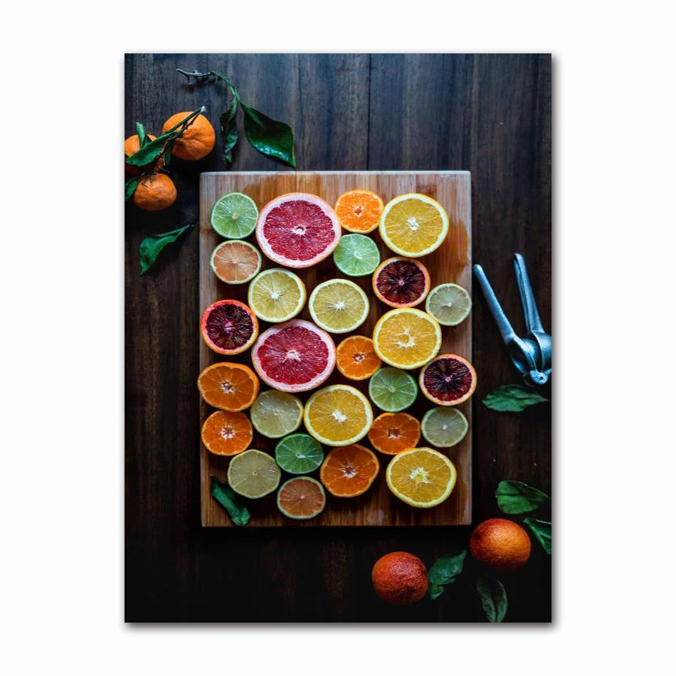 Nordic Wall Art Canvas Painting Colorful Fresh Vegetable Fruits Posters for Kitchen Decor Orange Lemon Picture for Restaurant Peaceful Pleasures Health and Wellness 60574-04 20x30cm