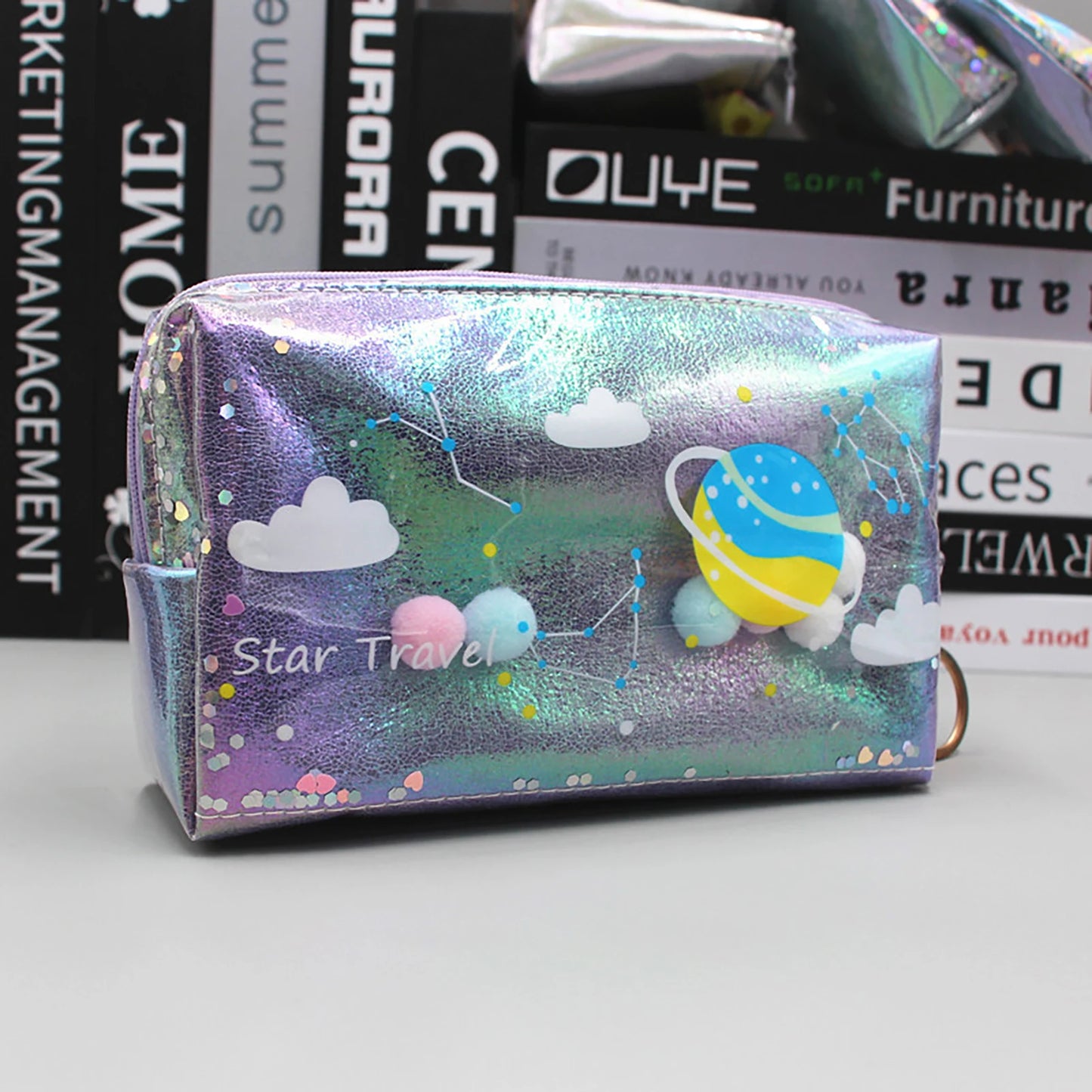 Large Capacity Planet Glitter Cosmetic Bag Cute Starry Makeup Pouch For Girls Student Pencil Case Travel Toiletry Bag Peaceful Pleasures Health and Wellness PURPLE