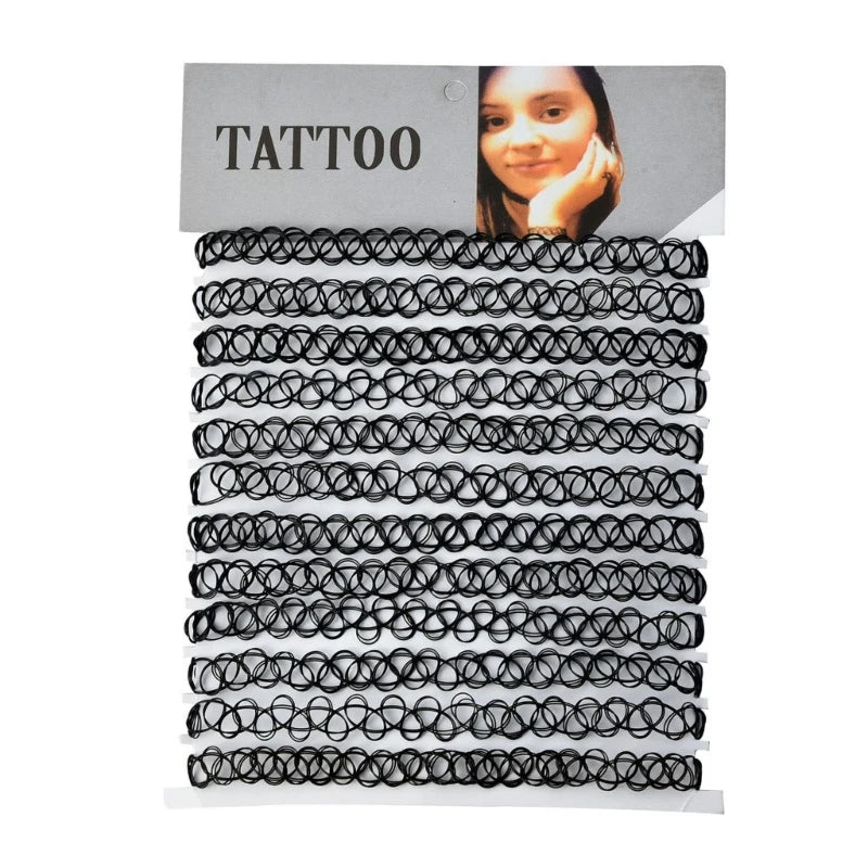12-Pack Vintage Hippie Stretch Tattoo Choker Necklace Set