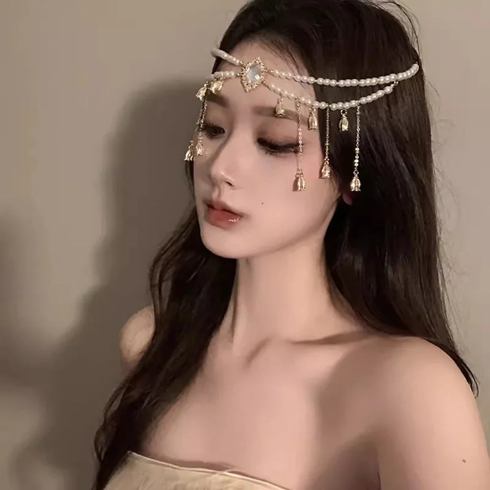 Exotic White Pearl Headwear Lily of The Valley Head Chain Versatile Unique for Women Retro Ethnic Style Hair Chain High-end Feel Peaceful Pleasures Health and Wellness TS240904white