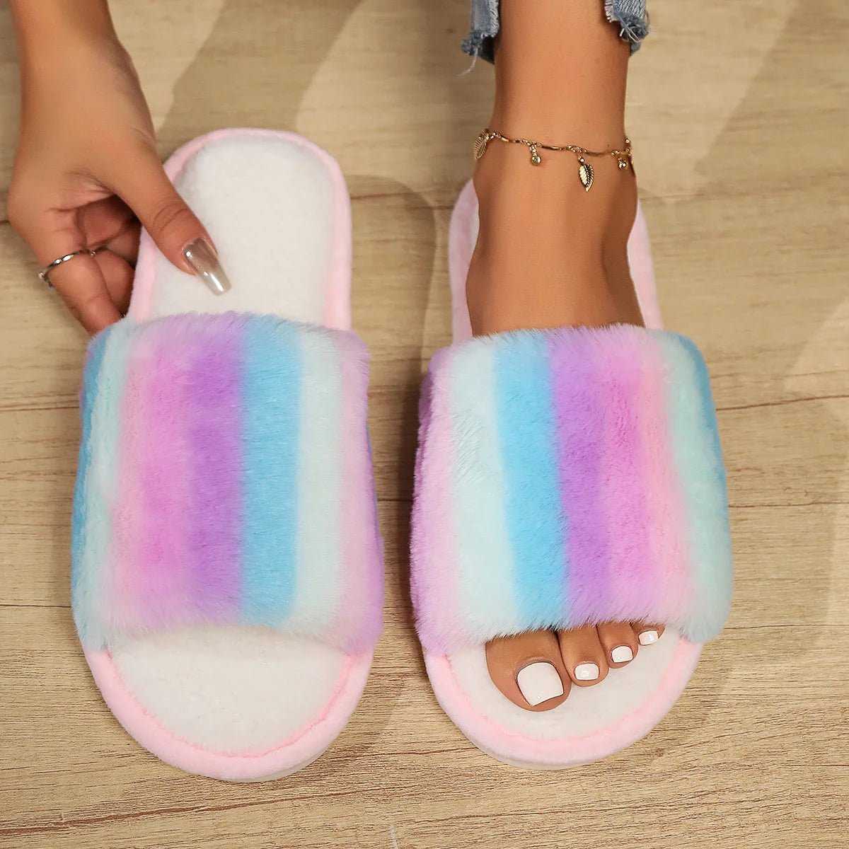 Women's Rainbow Plush Slippers – Fluffy Non-Slip Indoor Shoes