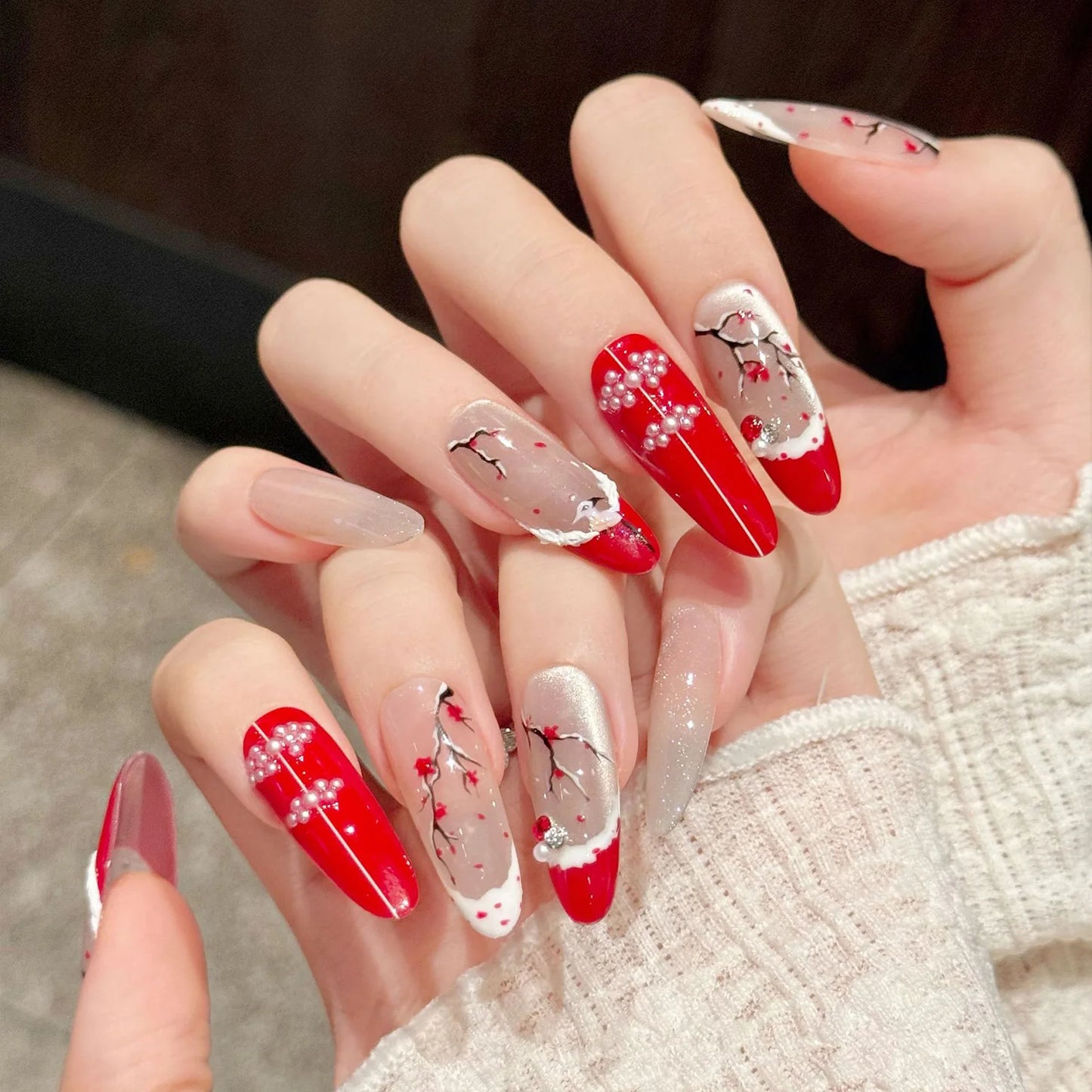 10pcs Handmade Press on Nails Chinese Style Hand-painted Plum Cat's Eye Fake Nails Wearable Antique False Nails Red French Tips Peaceful Pleasures Health and Wellness XS 1