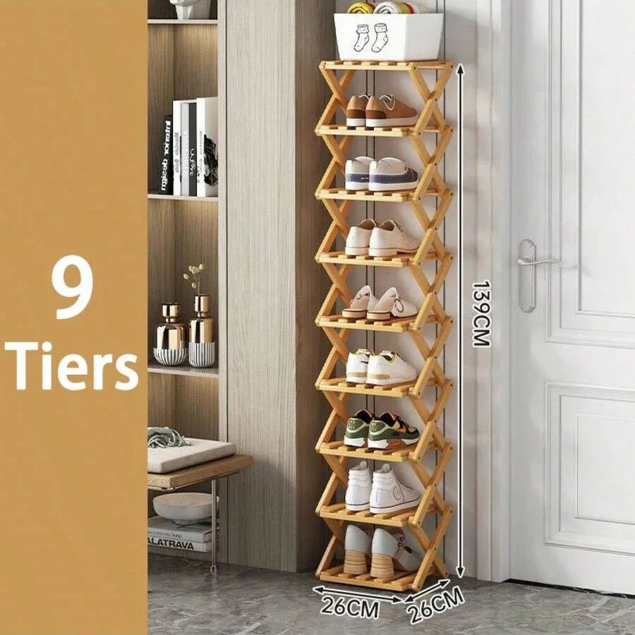 Bamboo Vertical Shoe Rack 4/8/9 Tier Foldable – No Assembly