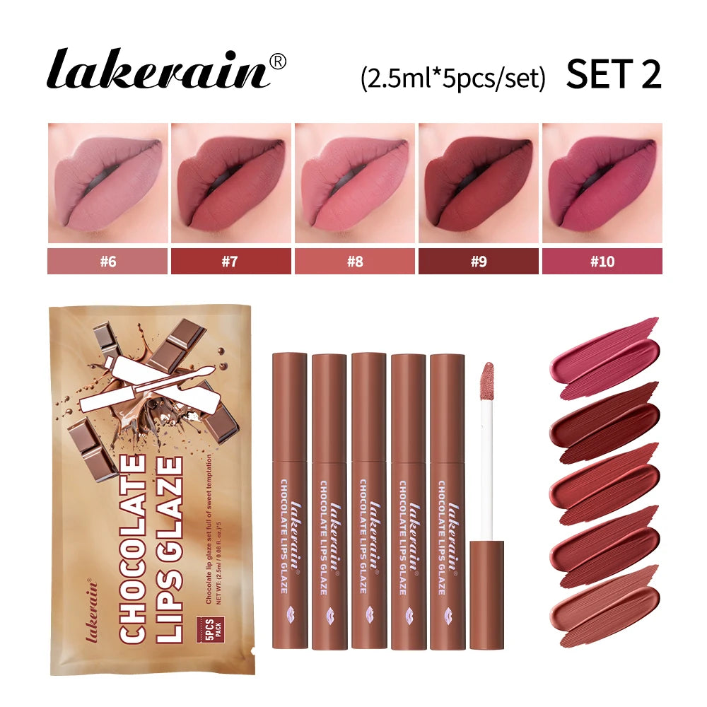 Lakerain Chocolate Lip Gloss Set Long Lasting Matte Finish Lip Tint Waterproof Sweat-proof NonStick Cup Liquid Lipstick 5pcs/Kit Peaceful Pleasures Health and Wellness set 2