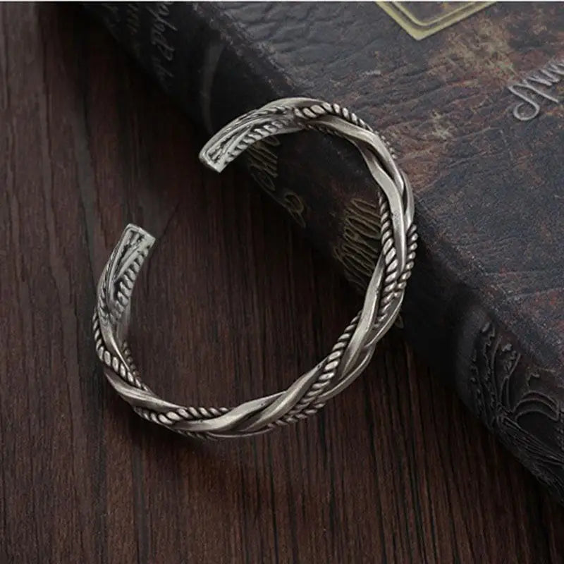Twisted Woven Silver Bangle | Retro Thai Handmade Bracelet